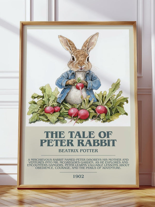 The Tale of Peter Rabbit bookish print in frame leaning in hallway – childrens wall art