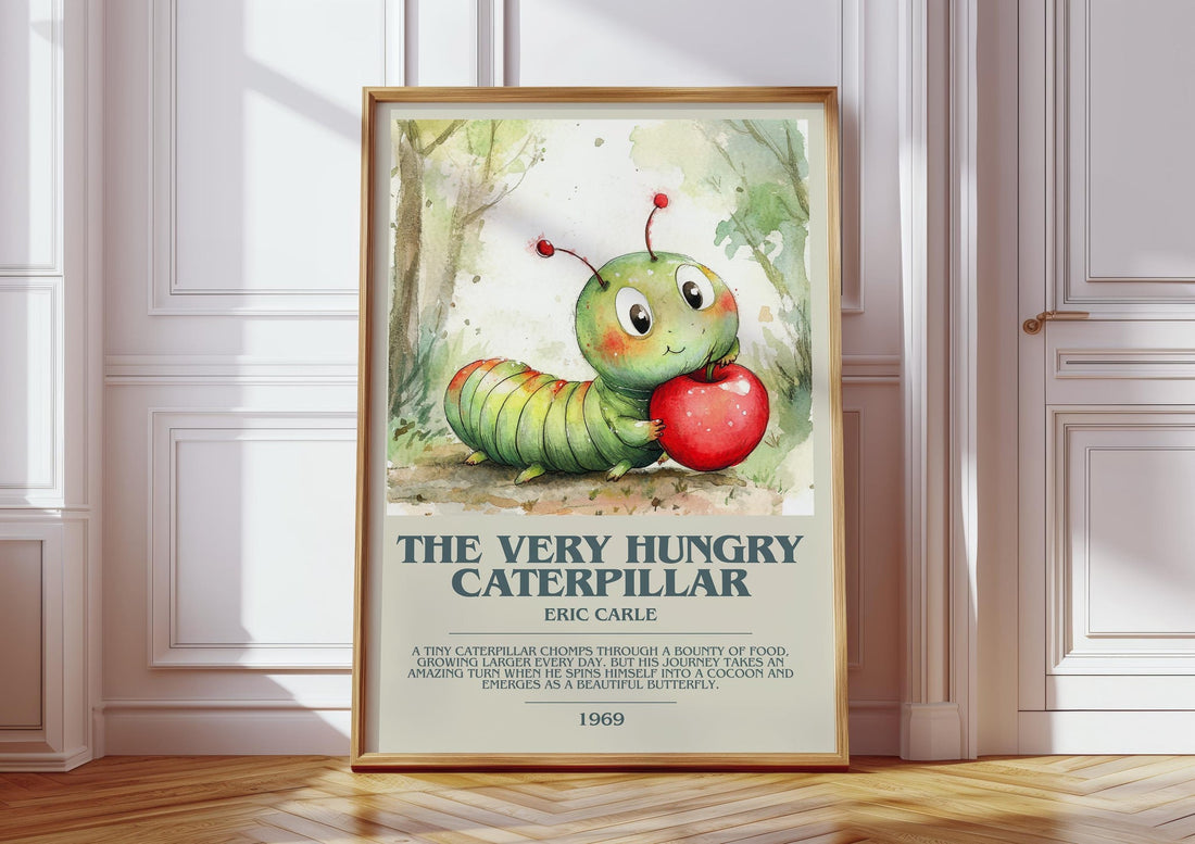 The Very Hungry Caterpillar bookish print in frame leaning in hallway – childrens wall art (mockup)