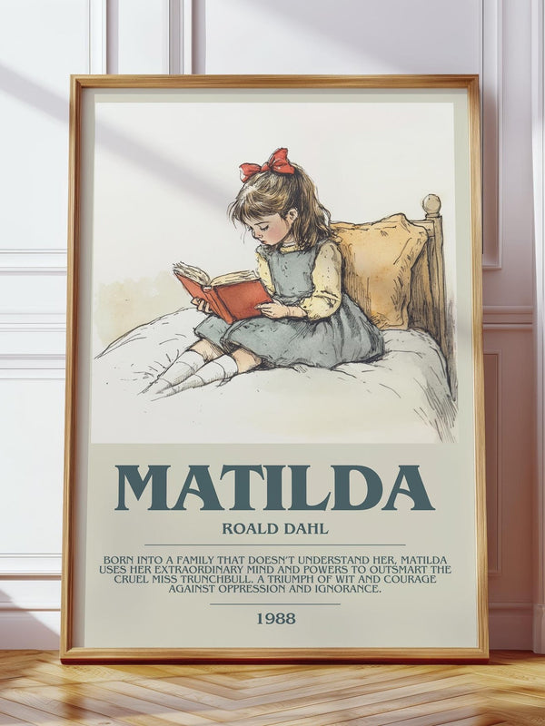Matilda bookish print in frame leaning in hallway – childrens wall art