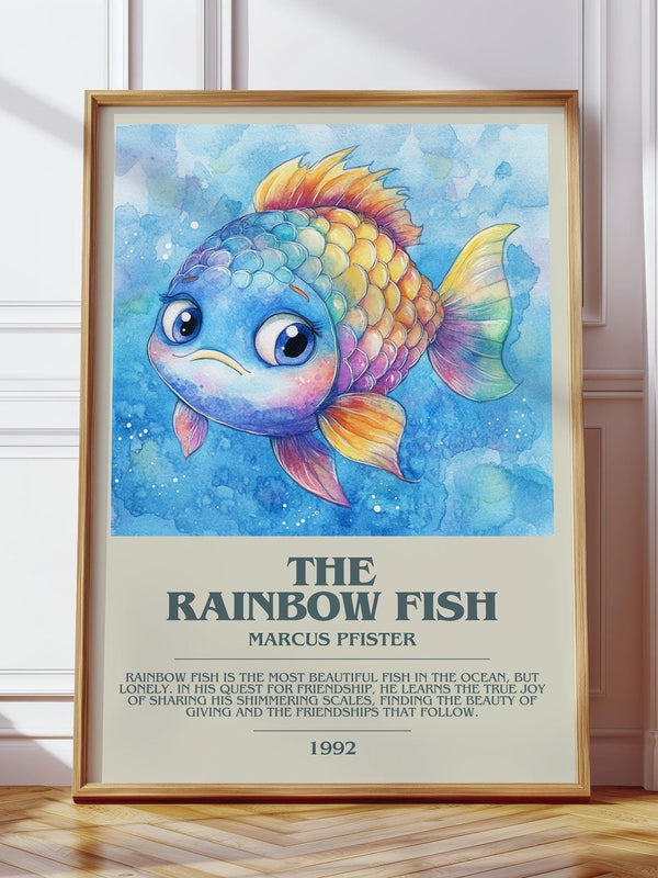 The Rainbow Fish bookish print in frame leaning in hallway – childrens wall art