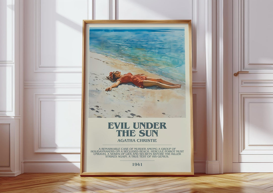 Evil Under the Sun bookish print in frame leaning in hallway – mystery wall art (mockup)