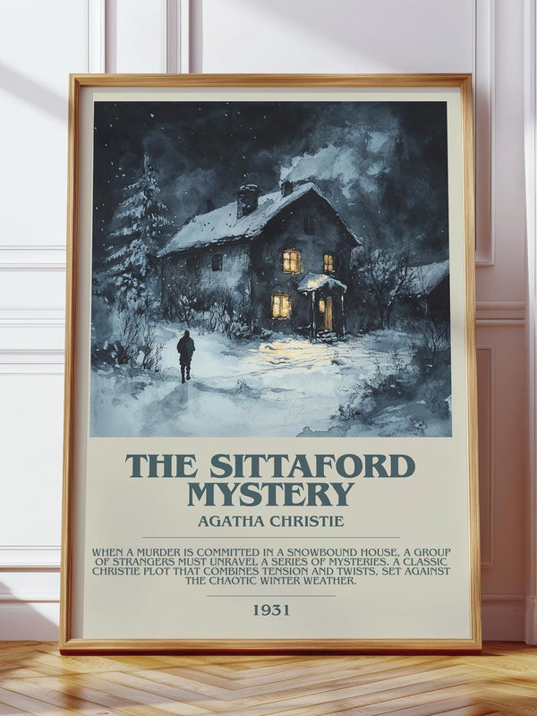 The Sittaford Mystery bookish print in frame leaning in hallway – mystery wall art