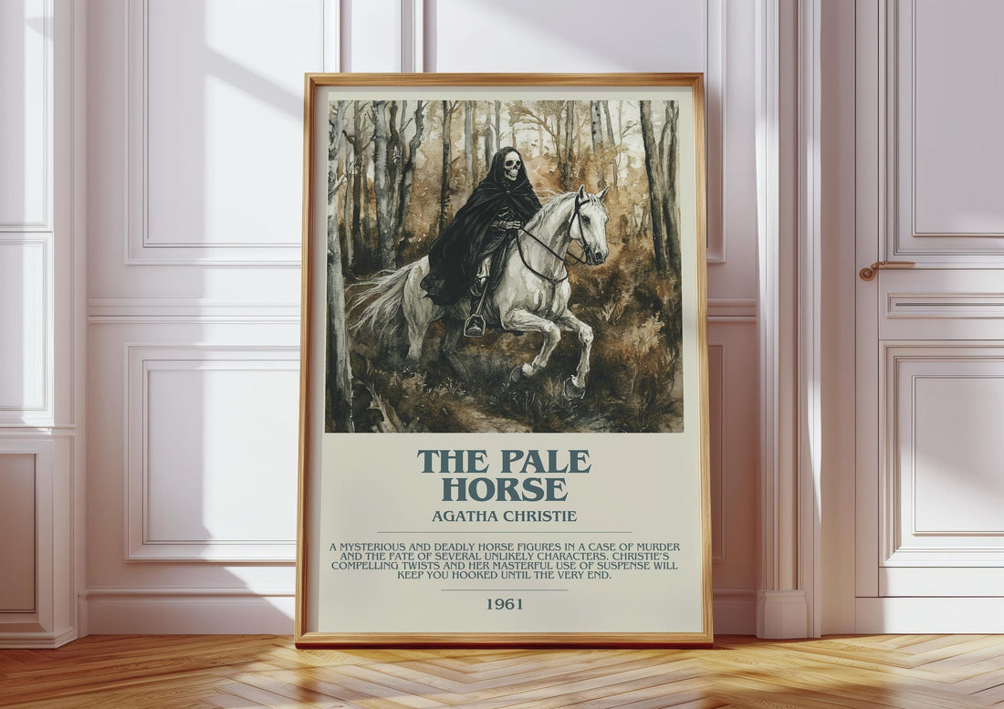 The Pale Horse bookish print in frame leaning in hallway – mystery wall art (mockup)