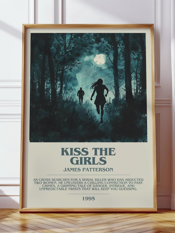 Kiss the Girls bookish print in frame leaning in hallway – thriller wall art