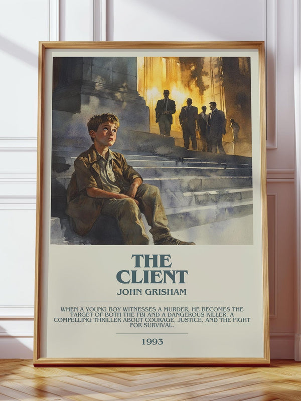 The Client bookish print in frame leaning in hallway – thriller wall art