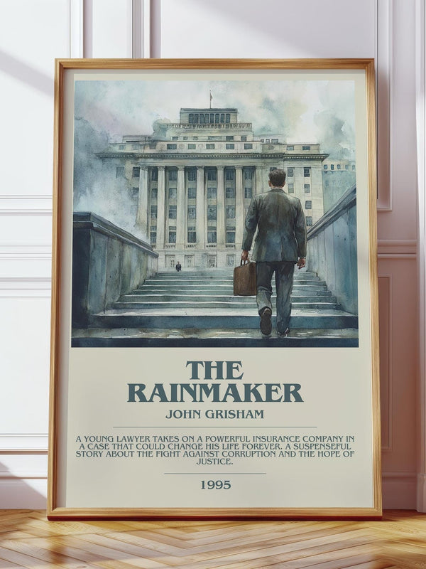 The Rainmaker bookish print in frame leaning in hallway – thriller wall art