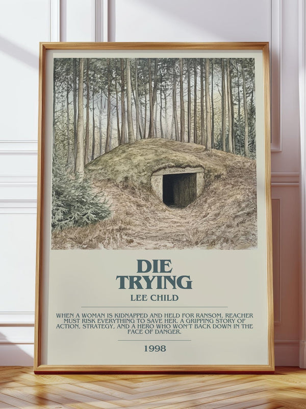 Die Trying bookish print in frame leaning in hallway – thriller wall art