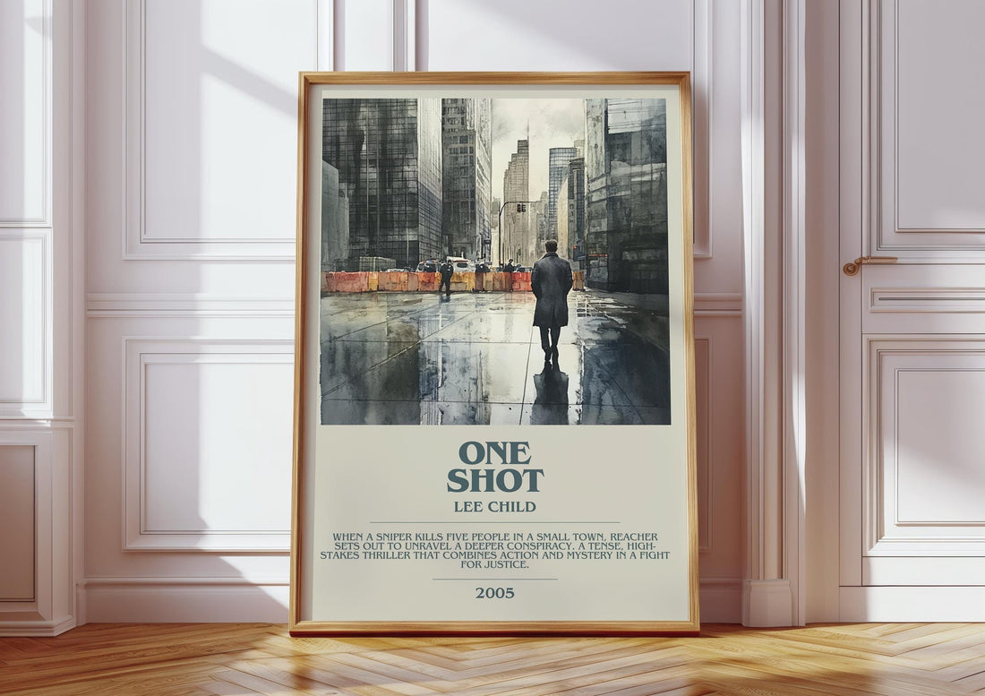 One Shot bookish print in frame leaning in hallway – thriller wall art (mockup)