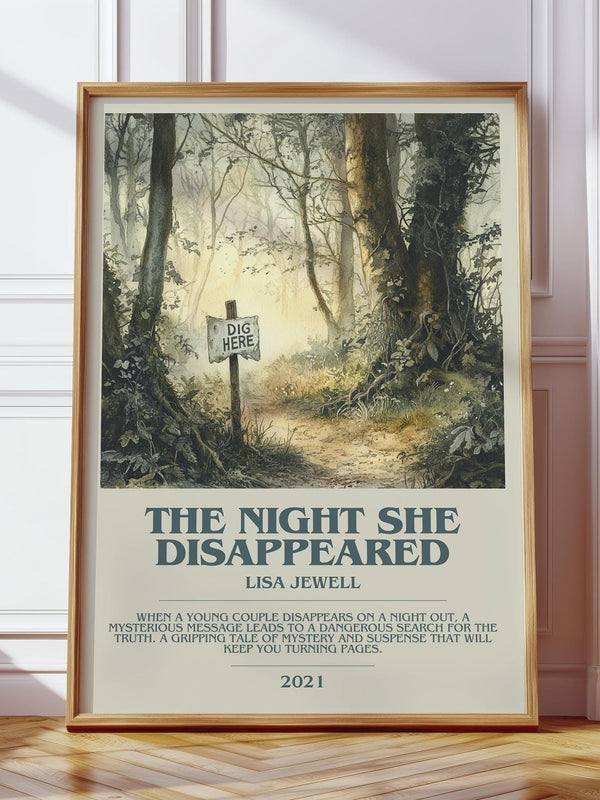 The Night She Disappeared bookish print in frame leaning in hallway – thriller wall art