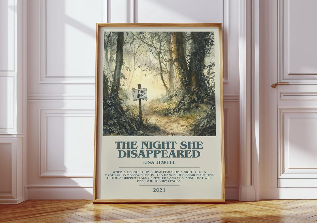 The Night She Disappeared bookish print in frame leaning in hallway – thriller wall art (mockup)