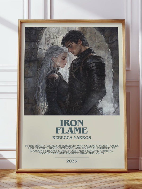Iron Flame bookish print in frame leaning in hallway – fantasy wall art
