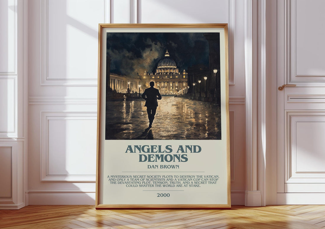 Angels And Demons bookish print in frame leaning in hallway – thriller wall art (mockup)