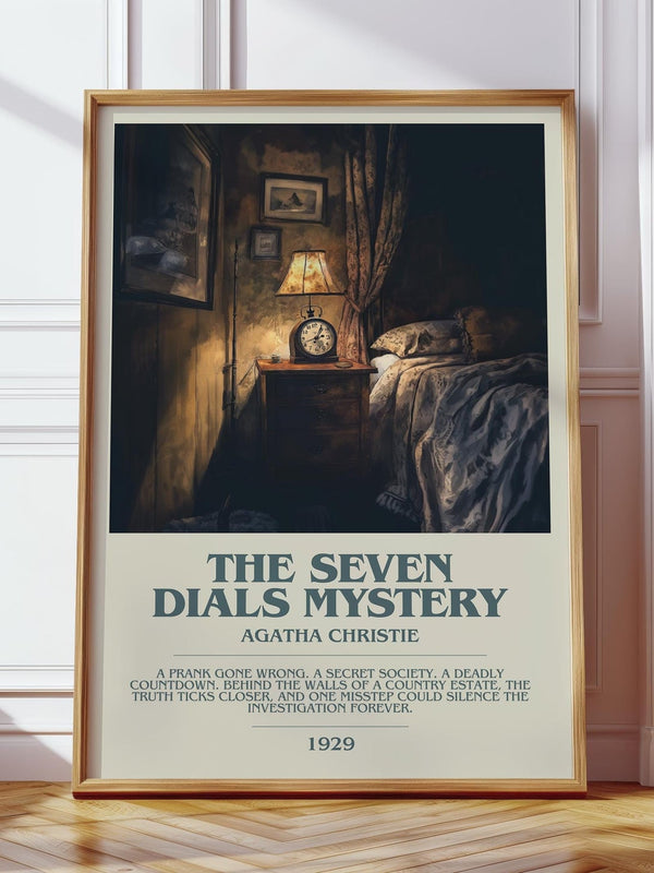 The Seven Dials Mystery bookish print in frame leaning in hallway – mystery wall art
