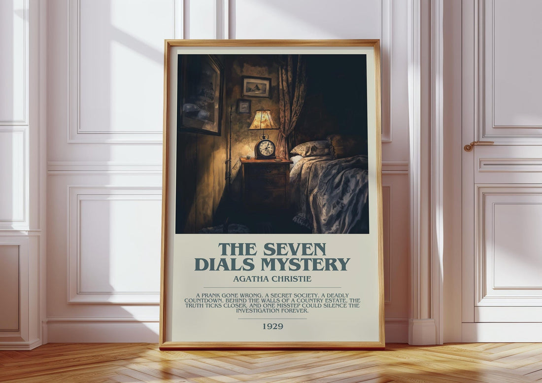 The Seven Dials Mystery bookish print in frame leaning in hallway – mystery wall art (mockup)