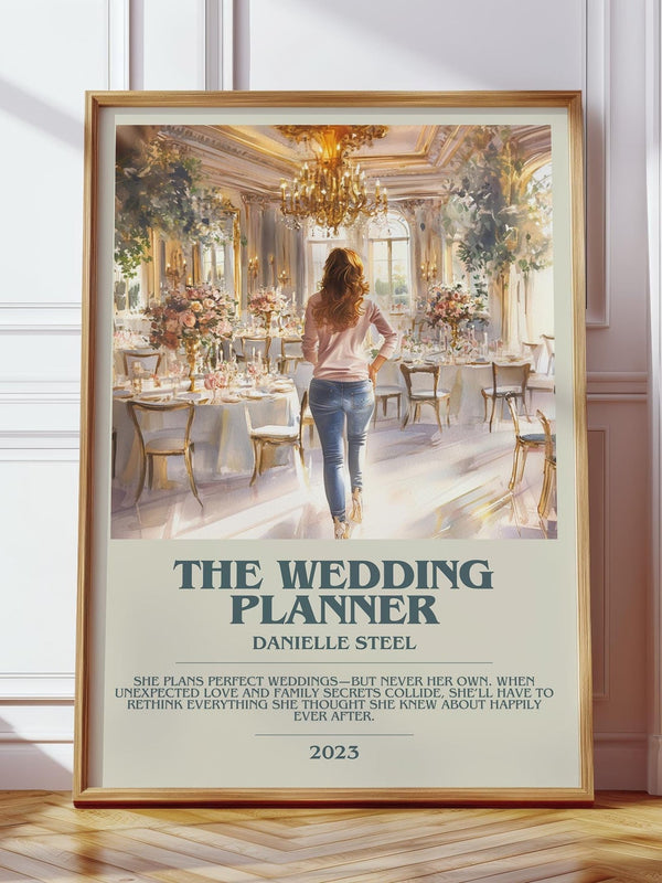 The Wedding Planner bookish print in frame leaning in hallway – romance wall art