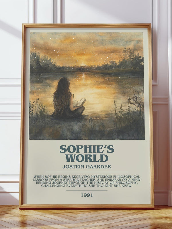 Sophie's World bookish print in frame leaning in hallway – literary fiction wall art