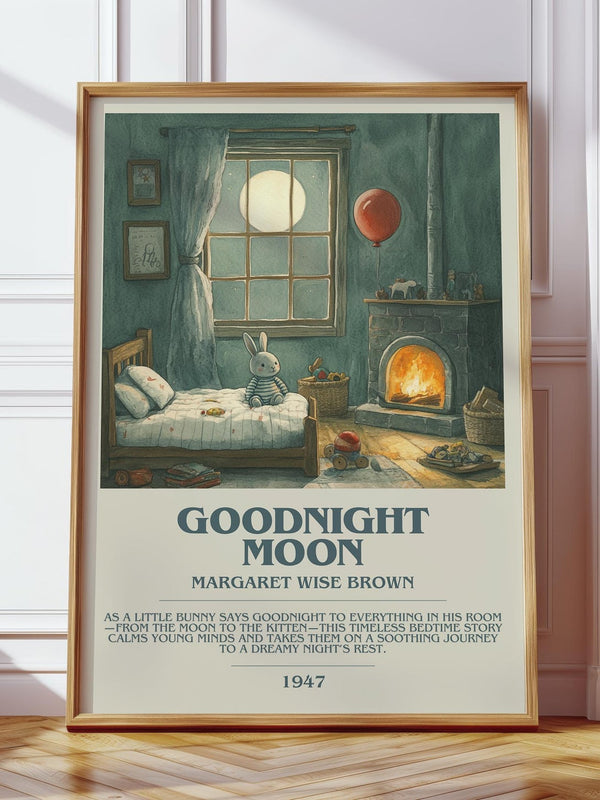Good Night Moon bookish print in frame leaning in hallway – childrens wall art