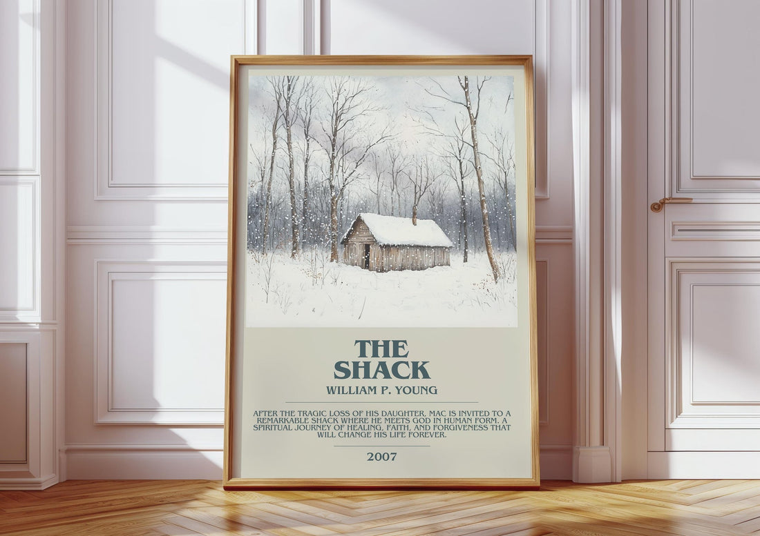 The Shack bookish print in frame leaning in hallway – non fiction wall art (mockup)