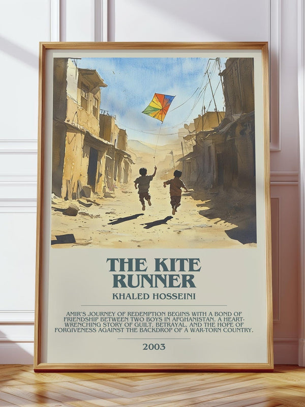 The Kite Runner bookish print in frame leaning in hallway – literary fiction wall art