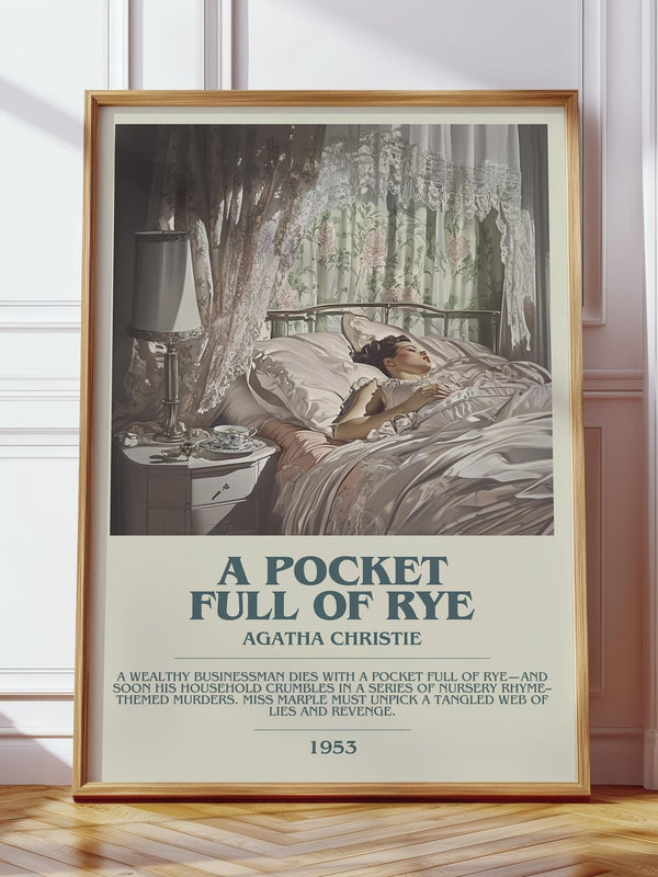 A Pocket Full of Rye bookish print in frame leaning in hallway – mystery wall art
