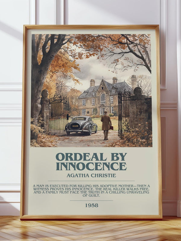 Ordeal by Innocence bookish print in frame leaning in hallway – mystery wall art