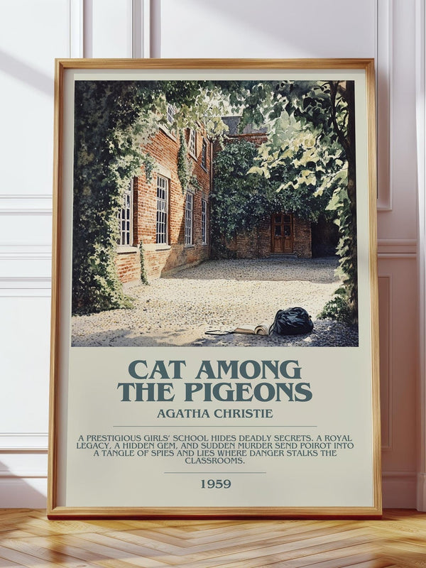 Cat Among the Pigeons bookish print in frame leaning in hallway – mystery wall art