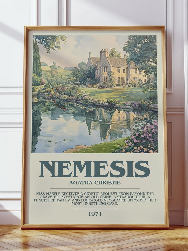 Nemesis bookish print in frame leaning in hallway – mystery wall art