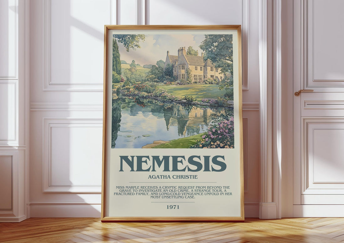 Nemesis bookish print in frame leaning in hallway – mystery wall art (mockup)