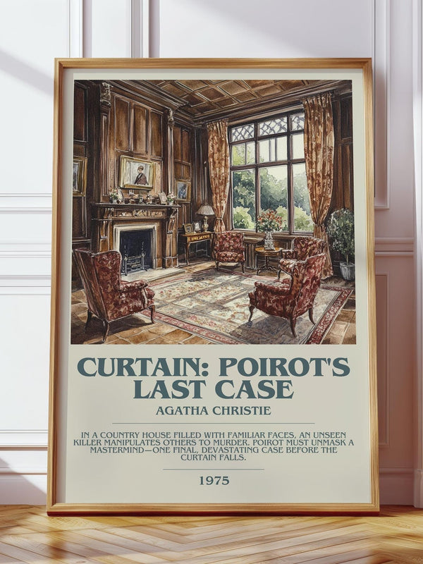 Curtain: Poirot's Last Case bookish print in frame leaning in hallway – mystery wall art