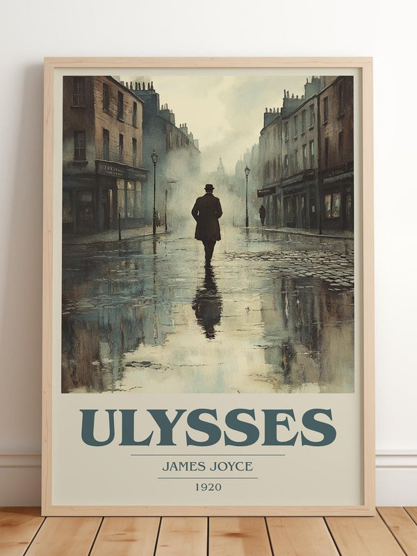 Ulysses book cover print in frame leaning in hallway – classic literature wall art