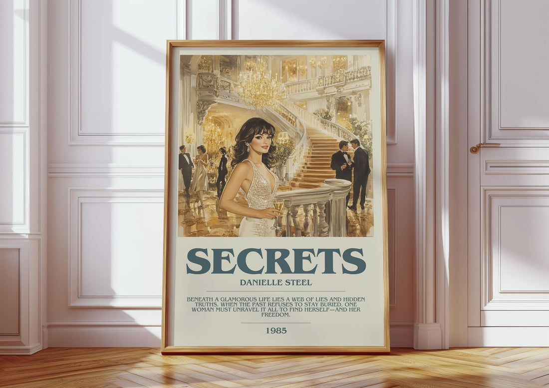 Secrets bookish print in frame leaning in hallway – contemporary fiction wall art (mockup)