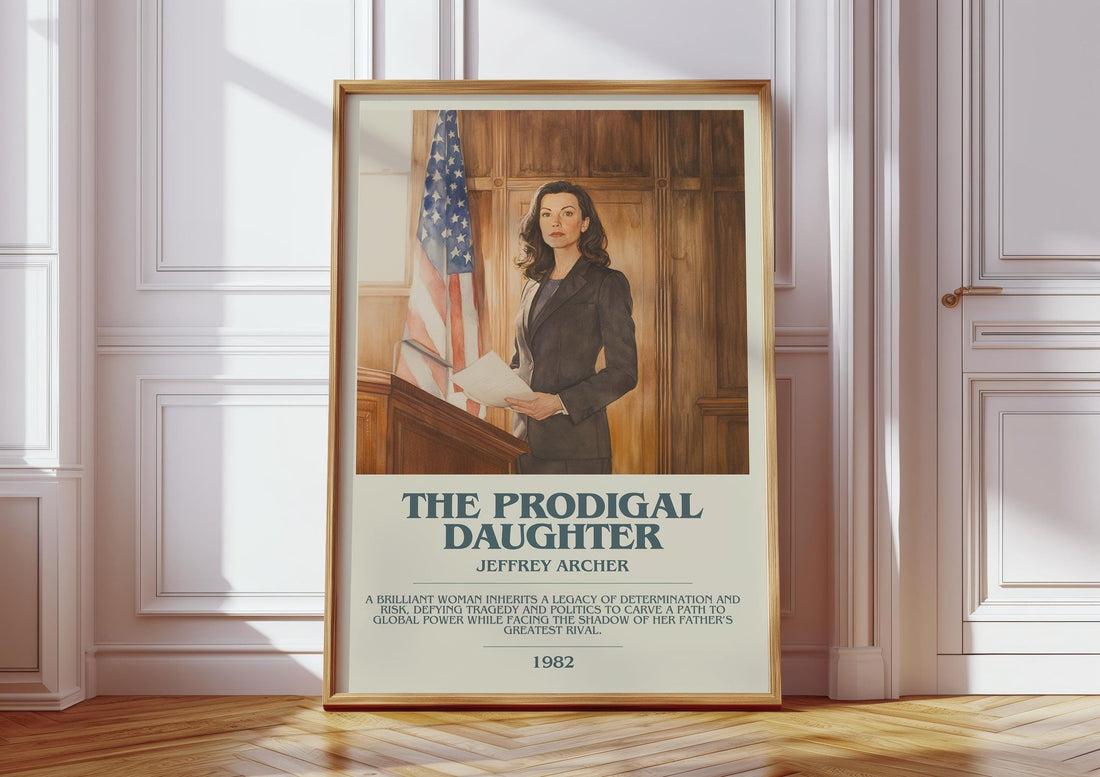 The Prodigal Daughter bookish print in frame leaning in hallway – thriller wall art (mockup)