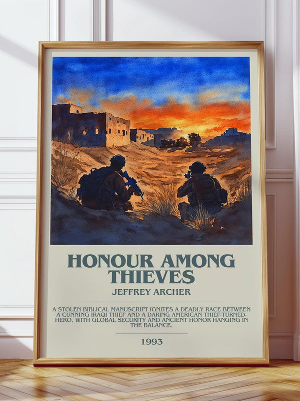 Honour Among Thieves bookish print in frame leaning in hallway – thriller wall art