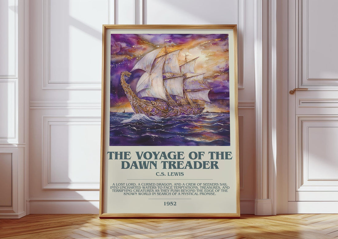The Voyage of the Dawn Treader bookish print in frame leaning in hallway – childrens wall art (mockup)
