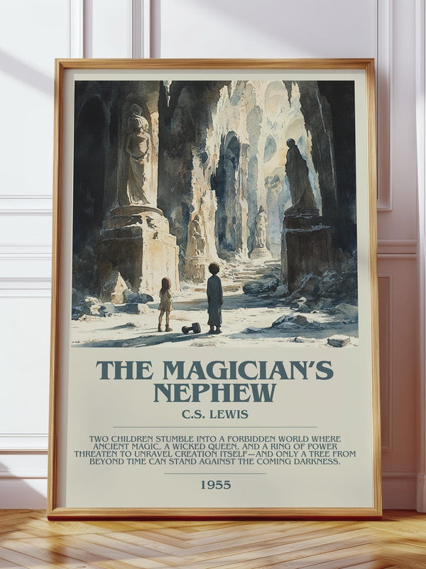 The Magician's Nephew bookish print in frame leaning in hallway – childrens wall art