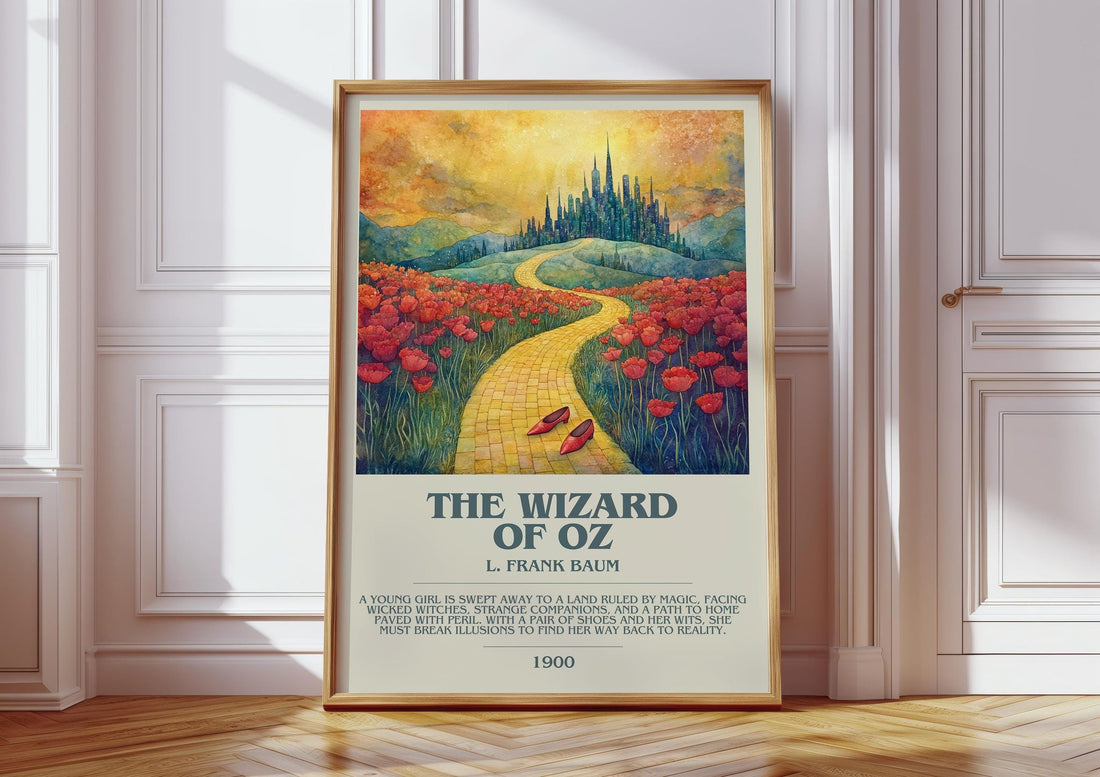 The Wizard Of Oz bookish print in frame leaning in hallway – childrens wall art (mockup)