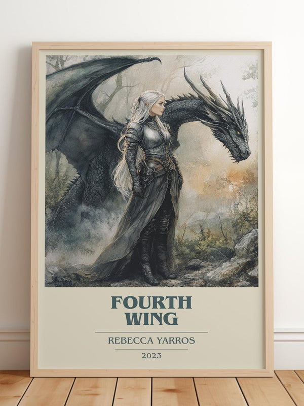Fourth Wing book cover print in frame leaning in hallway – fantasy wall art