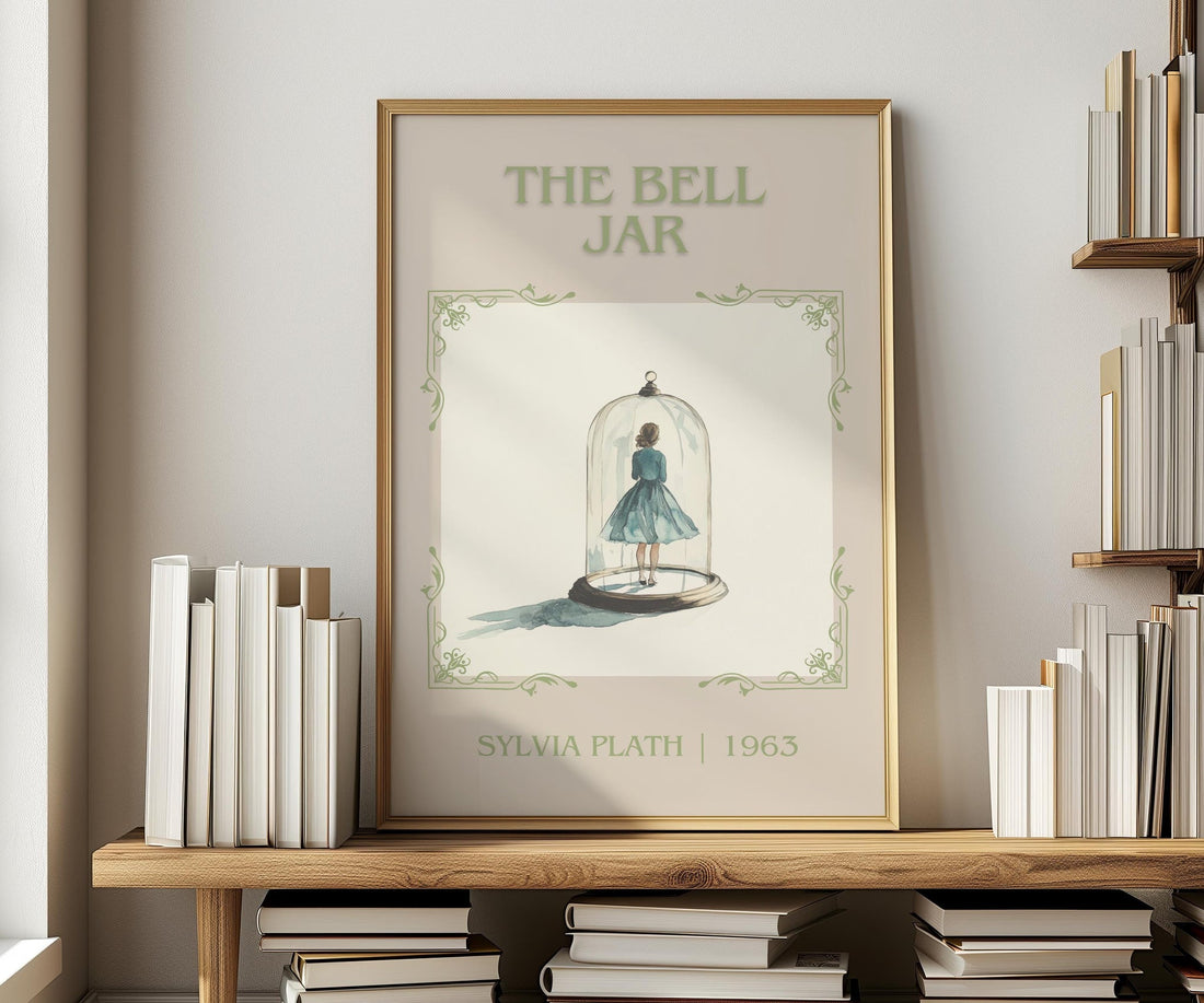 The Bell Jar classic book art print in frame leaning in hallway – coming of age wall art (mockup)