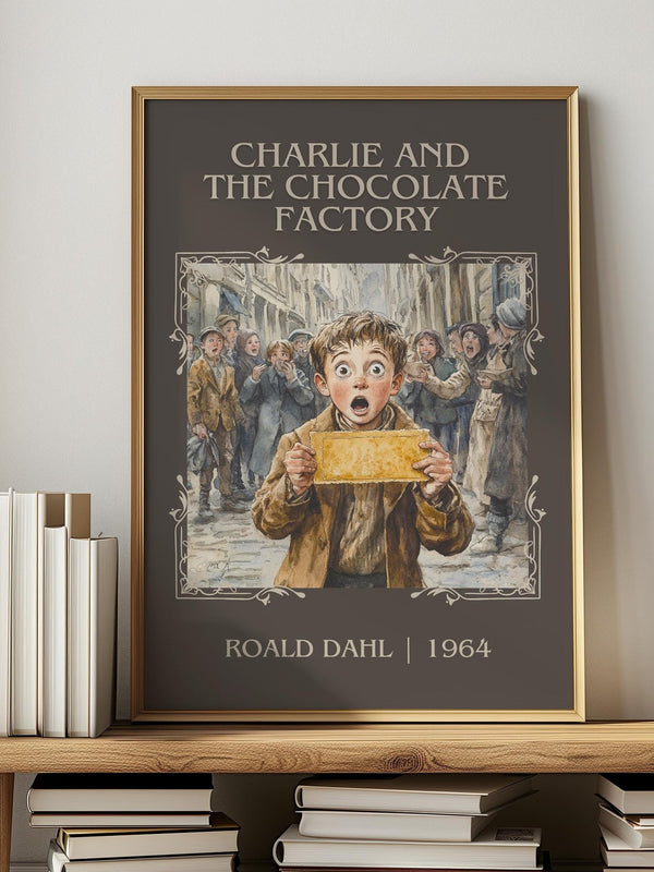 Charlie and the Chocolate Factory classic book art print in frame leaning in hallway – childrens wall art