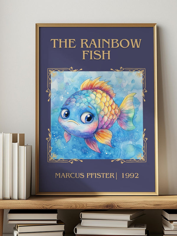 The Rainbow Fish classic book art print in frame leaning in hallway – childrens wall art