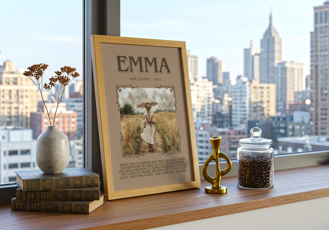 Emma minimalist book poster framed on wall – classic literature wall art (mockup)