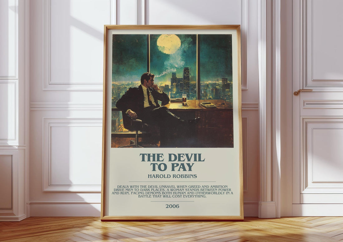 The Devil To Pay bookish print in frame leaning in hallway – thriller wall art (mockup)