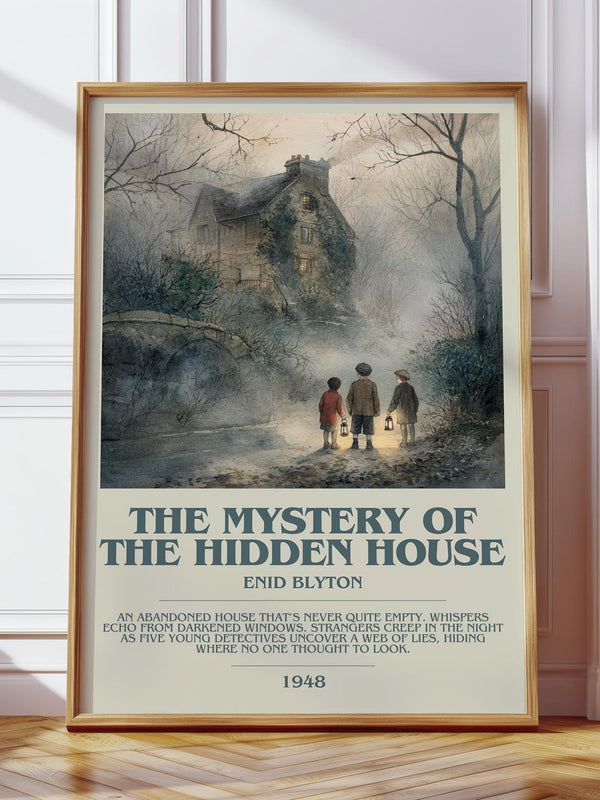 The Mystery Of The Hidden House bookish print in frame leaning in hallway – childrens wall art