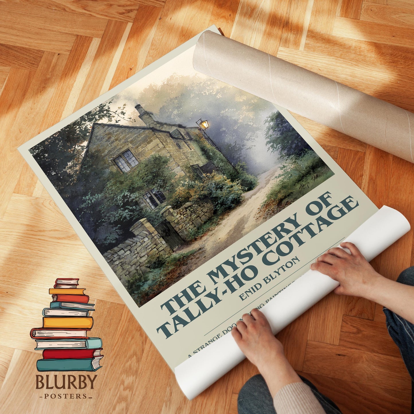 The Mystery of Tally-ho Cottage book poster packaging – museum-quality print rolled in protective tube