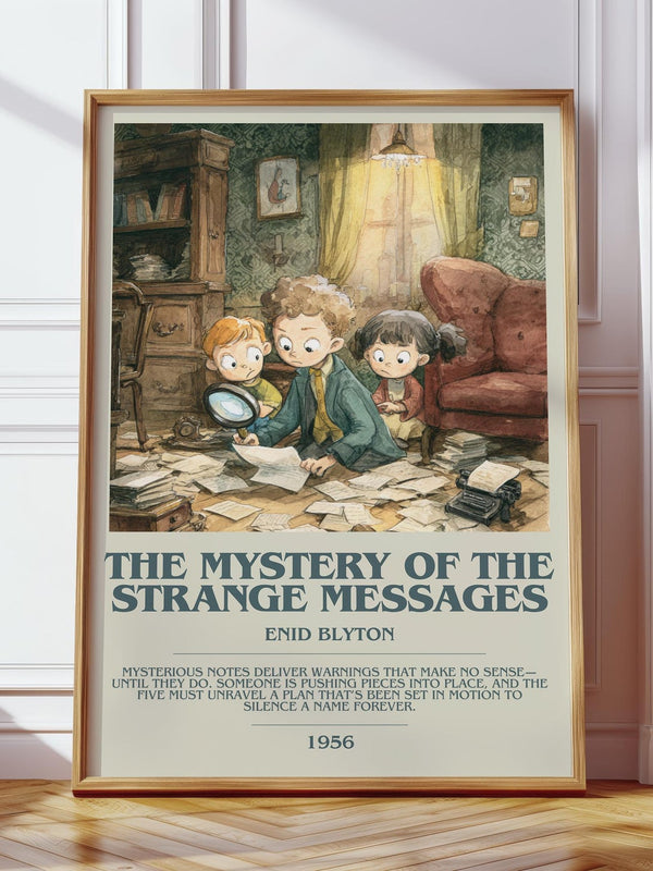 The Mystery of the Strange Messages bookish print in frame leaning in hallway – childrens wall art