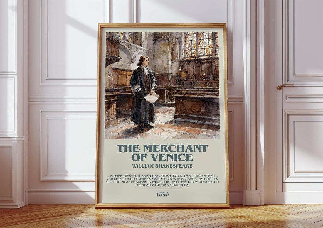 The Merchant of Venice bookish print in frame leaning in hallway – classic literature wall art (mockup)