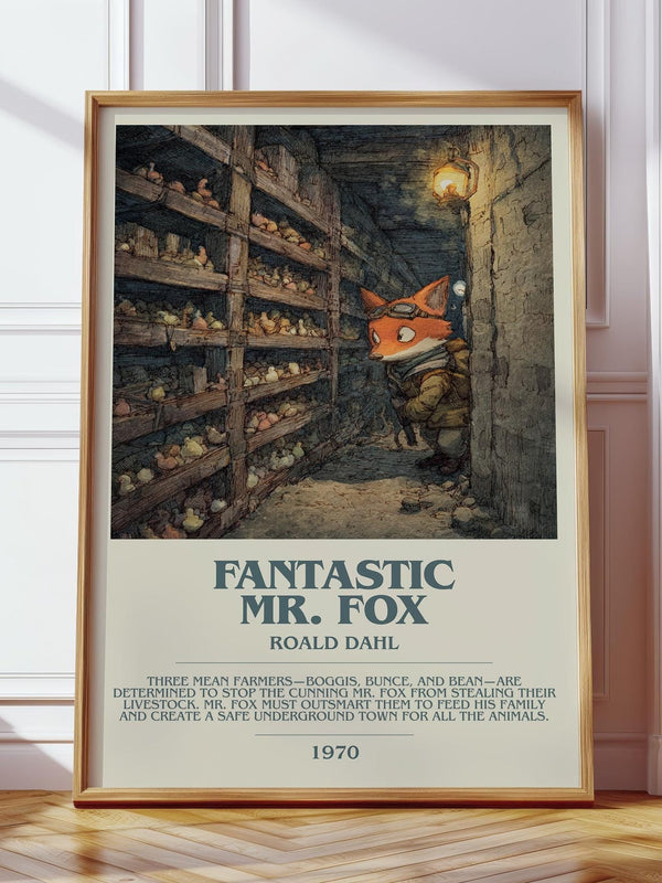 Fantastic Mr. Fox bookish print in frame leaning in hallway – childrens wall art