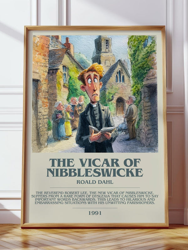 The Vicar of Nibbleswicke bookish print in frame leaning in hallway – childrens wall art