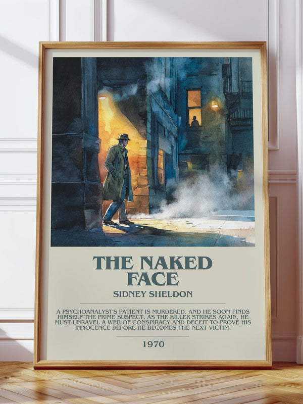 The Naked Face bookish print in frame leaning in hallway – thriller wall art