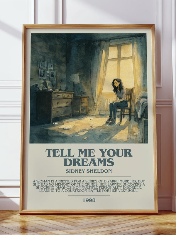 Tell Me Your Dreams bookish print in frame leaning in hallway – thriller wall art